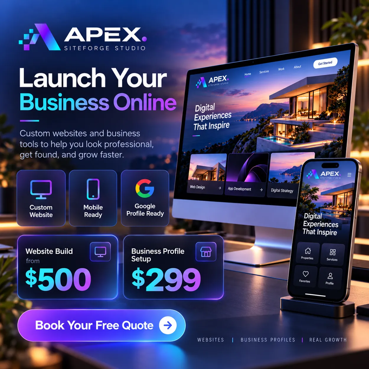 APEX custom website design displayed on desktop and mobile devices