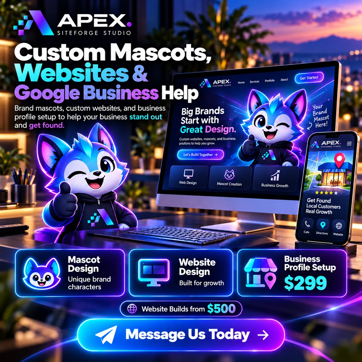 Friendly neon-colored APEX mascot